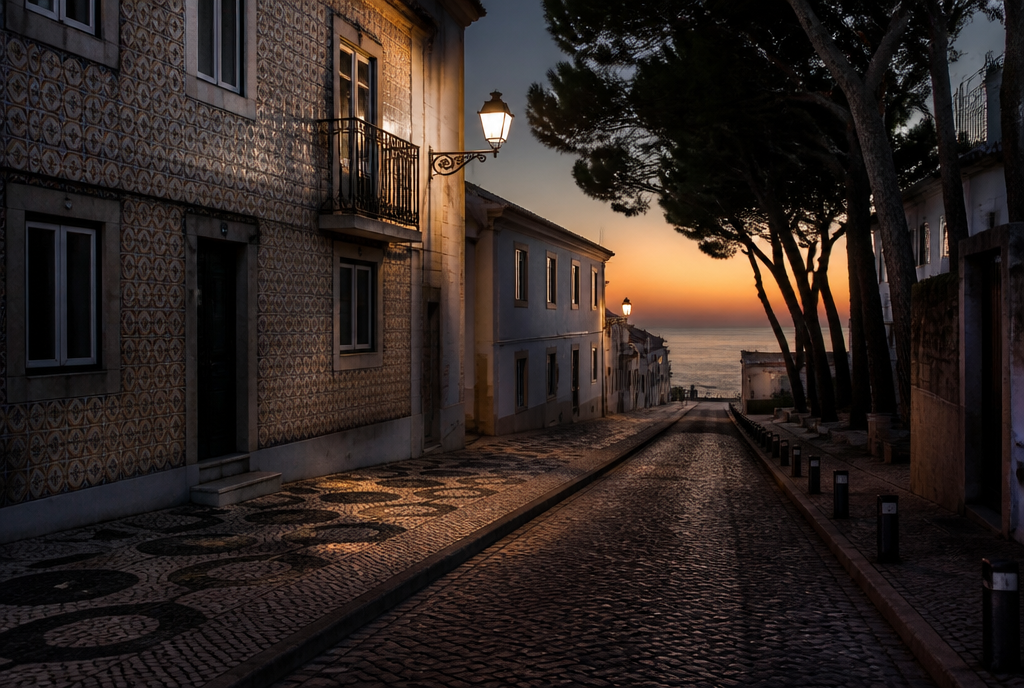 Rua costeira ao entardecer na Figueira da Foz